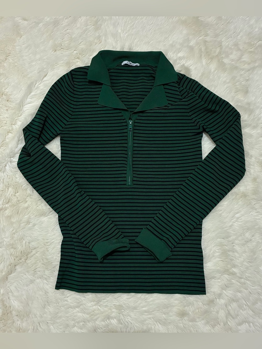 Ganni Evangel ¼ - Zip Striped Ribbed Stretch Knit Top, Green / Black, Large